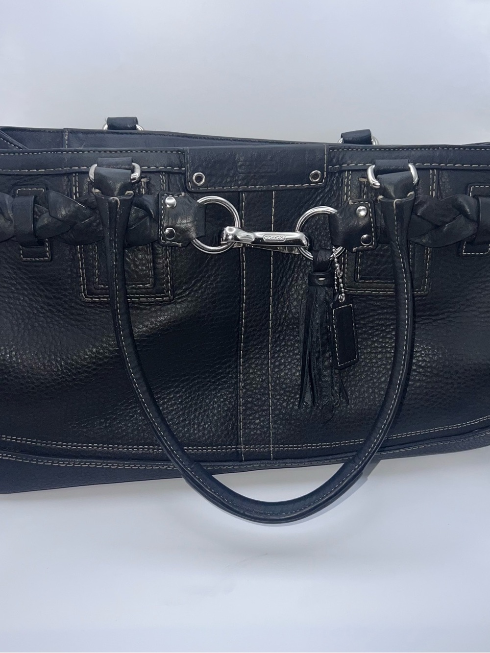 Vintage Coach Black Leather Braided Handle Tote with Tassel